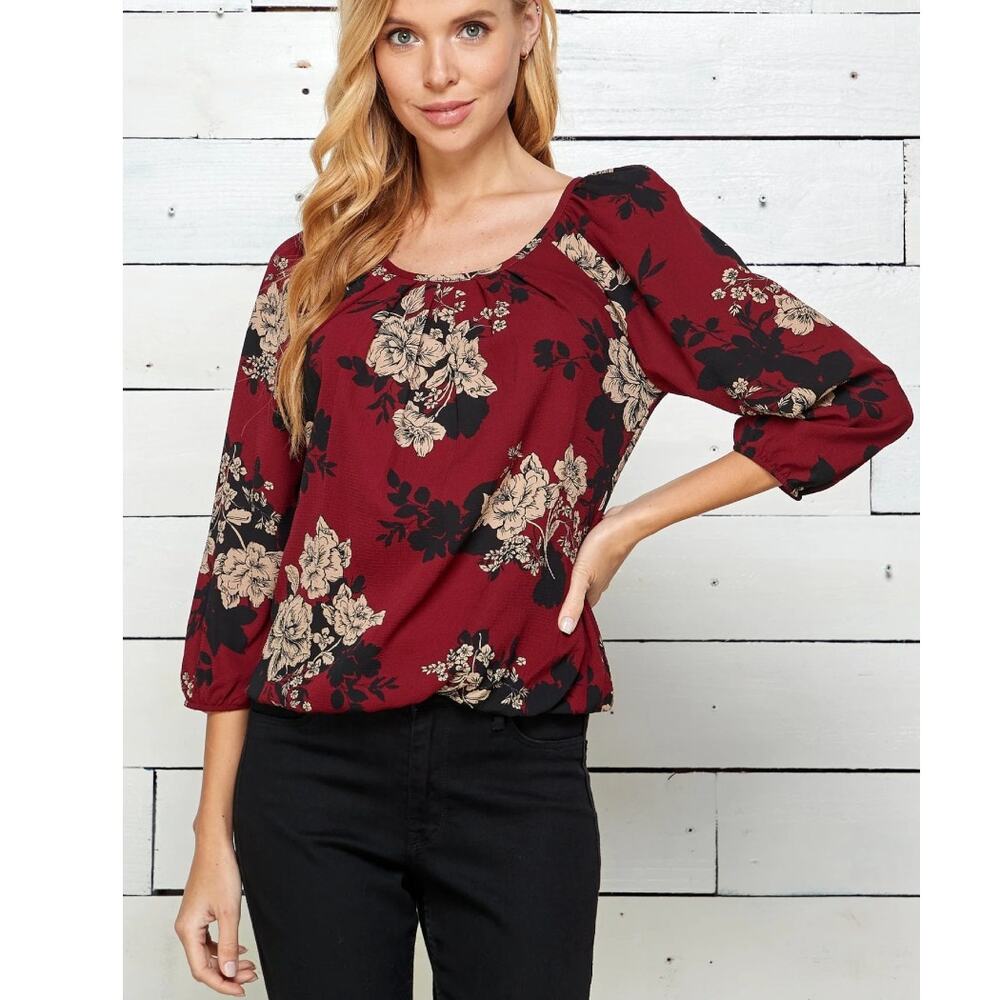 Sara Michelle Floral‎ Red Scoop Neck Casual 3/4 Sleeve Top MED Whimsical Boho